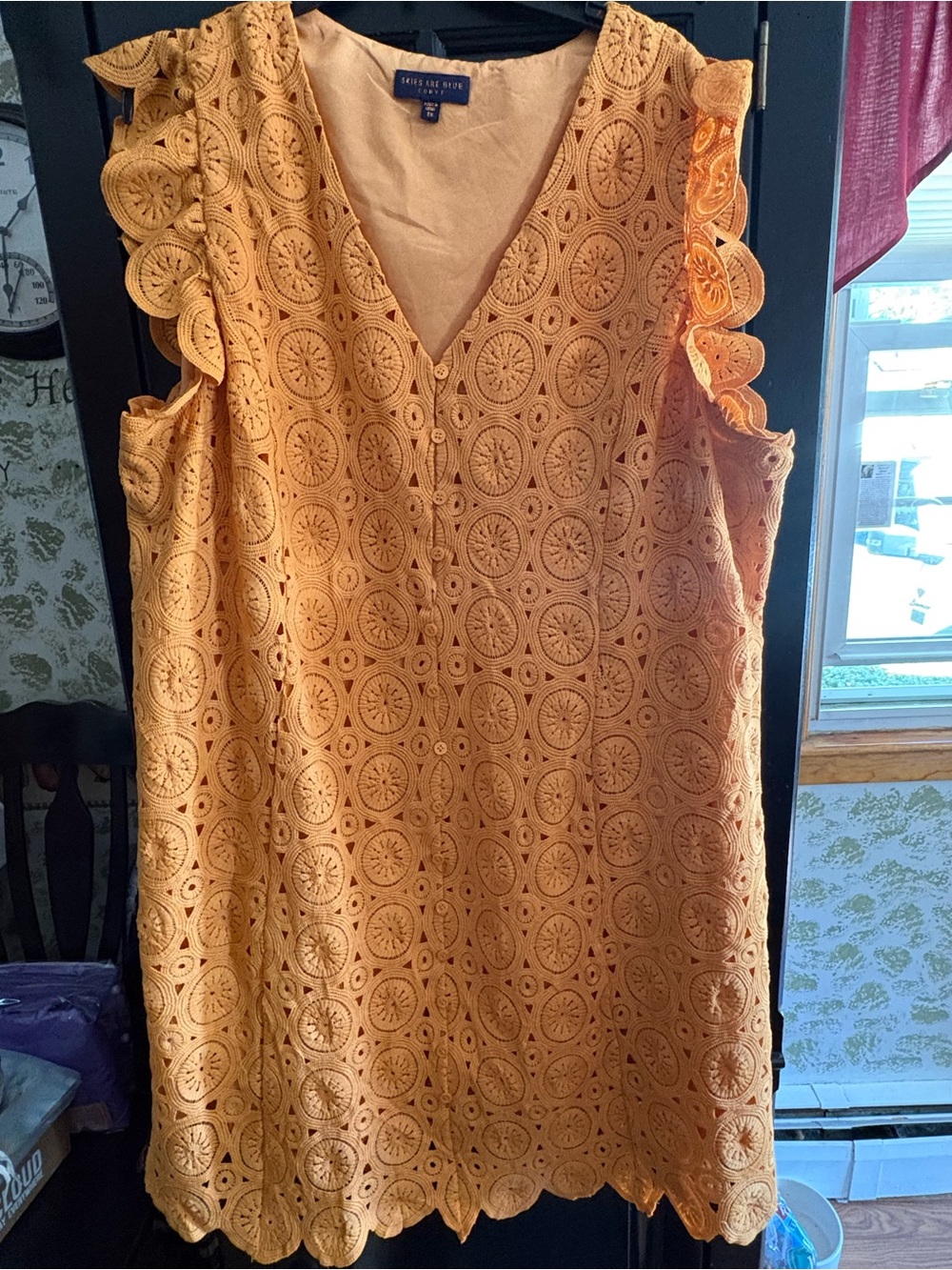 SkiesโAre Blue Yellow Crochet V-Neck Cap Sleeve Knee Length Dress 2x